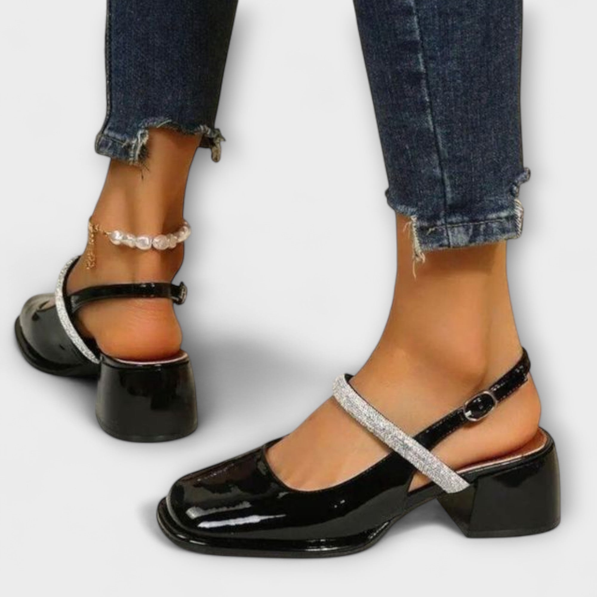 Celandra - Mary Janes with Glitter Straps and Block Heels